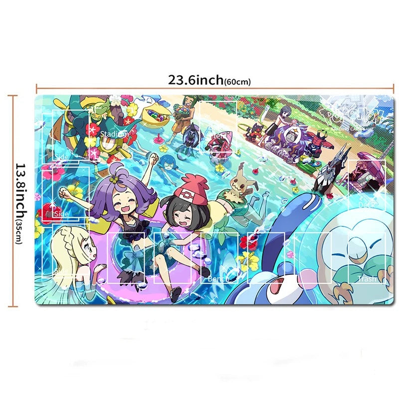 A rectangular anime-themed playmat with printed character artwork, shown on a white background with dimension lines and text indicating 23.6 inches by 13.