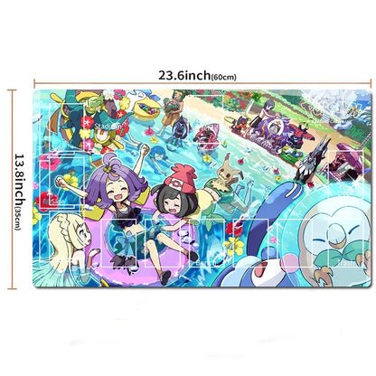 A rectangular anime-themed playmat with printed character artwork, shown on a white background with dimension lines and text indicating 23.6 inches by 13.