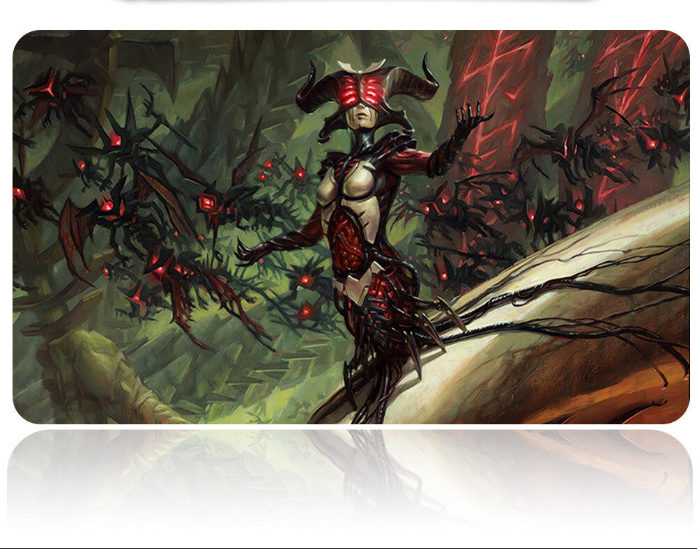 Mouse pad with fantasy-themed design featuring a character and creatures on a dark forest background