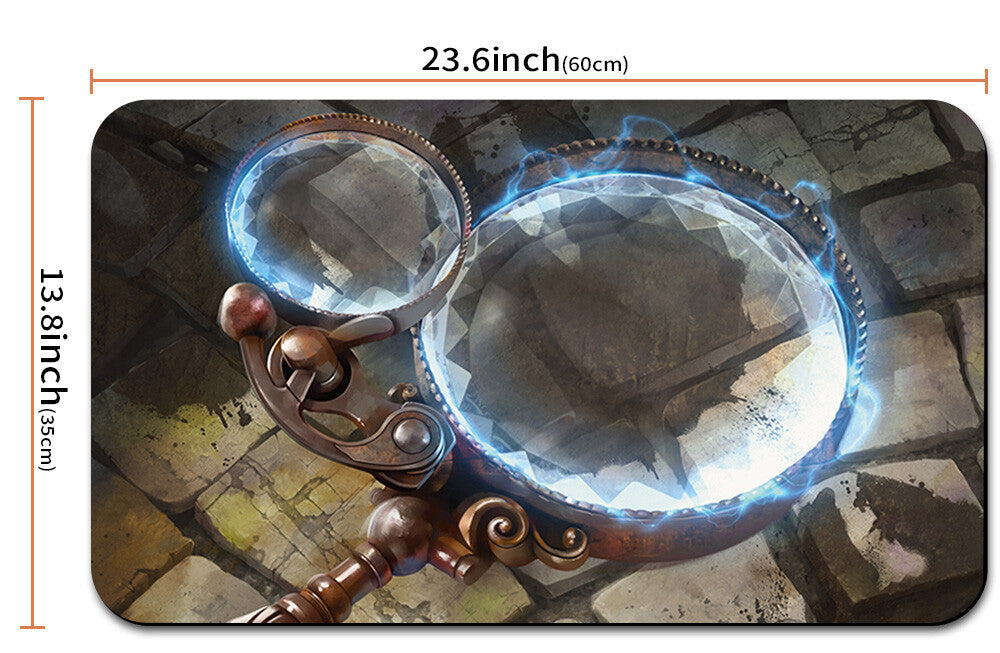 Steampunk-style magnifying glass with blue light on a stone background, accompanied by dimensions and a carrying pouch.