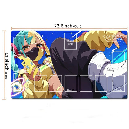 An anime-themed Pokémon trading card playmat shown on a white background with printed dimensions (23.6 inch by 13.