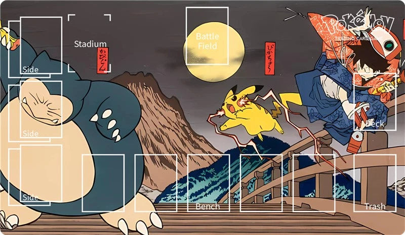 A Pokémon-themed anime-style illustration featuring Snorlax, Pikachu, and Ash Ketchum in a Japanese scene with a full moon, stadium, and bridge. The artwork includes white outlined placeholder boxes labeled for placement such as Stadium, Bench, and Trash.