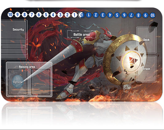 Card game mat with game elements and a pen on a white background