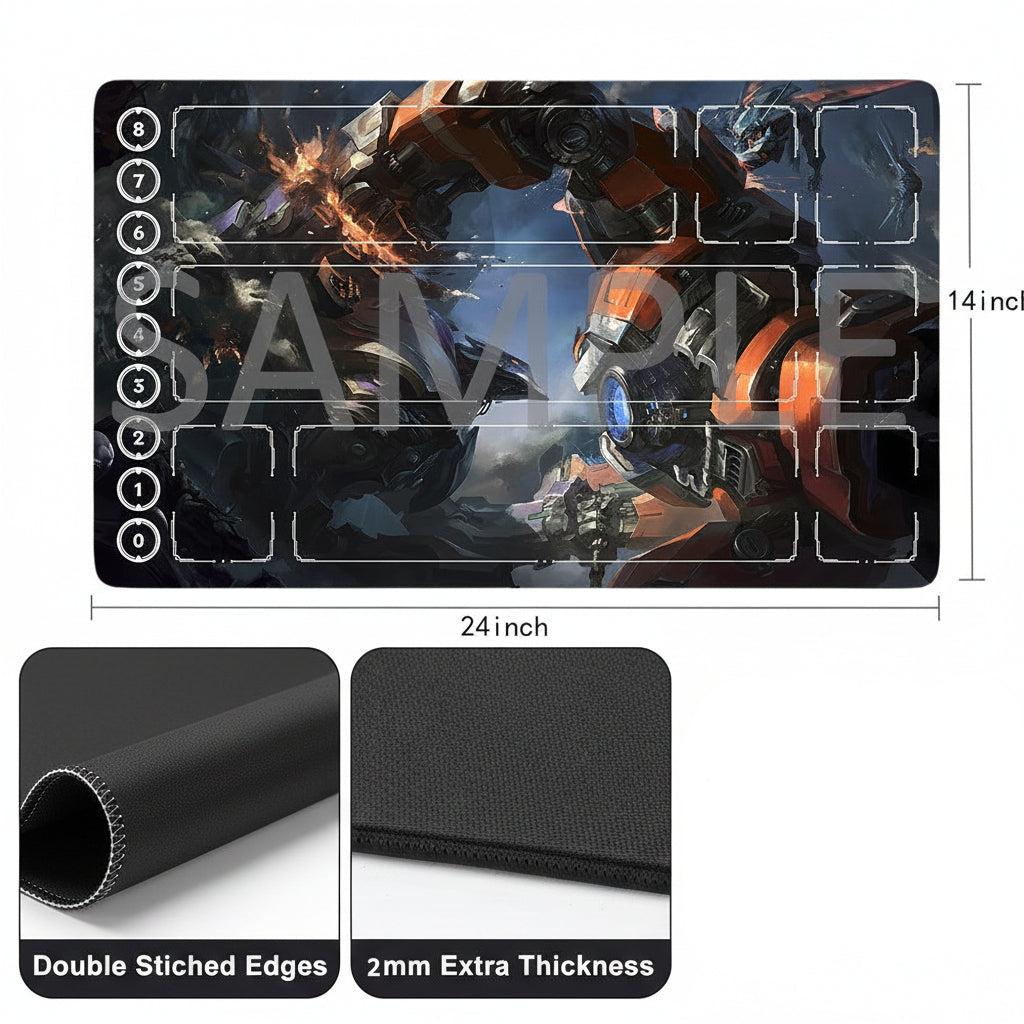 A rectangular gaming desk mat with a dark sci-fi mecha robot illustration, shown on a white background with dimension labels of 24 inches by 14 inches. Below the main mat are three feature callouts: double stitched edges, 2mm extra thickness, and a free storage bag.