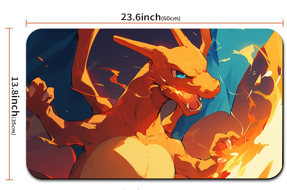 Dragon-themed mouse pad with measurements and a carrying strap on a white background