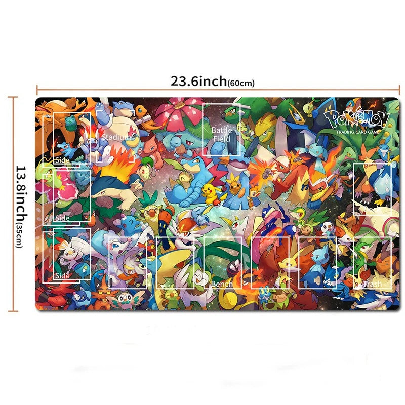 A colorful Pokémon battle field mat with printed character artwork and white play-area markings, shown on a white background with dimension labels reading 23.6 inch by 13.