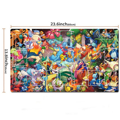 A colorful Pokémon battle field mat with printed character artwork and white play-area markings, shown on a white background with dimension labels reading 23.6 inch by 13.