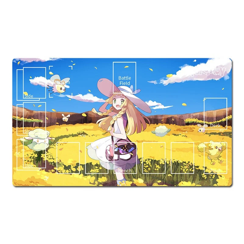 An anime-themed playmat featuring a colorful illustration of a girl in a field under a blue sky, with white grid lines and text labels for battle field, base, launch, and bench.