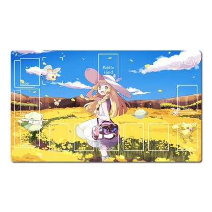 An anime-themed playmat featuring a colorful illustration of a girl in a field under a blue sky, with white grid lines and text labels for battle field, base, launch, and bench.