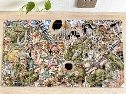 Colorful illustration of animated characters on a wooden surface