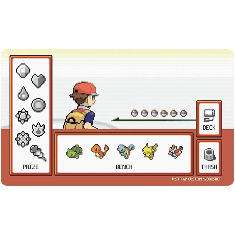 Pixel-art Pokémon deck-building interface showing a character in a red hat and backpack, with a 'PRIZE' column of gray icons, a 'BENCH' row of colorful Pokémon, a 'DECK' row of Pokéballs, and a 'TRASH' button, all on a white background.