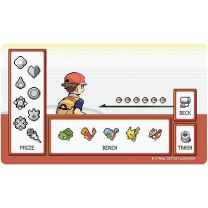 Pixel-art Pokémon deck-building interface showing a character in a red hat and backpack, with a 'PRIZE' column of gray icons, a 'BENCH' row of colorful Pokémon, a 'DECK' row of Pokéballs, and a 'TRASH' button, all on a white background.