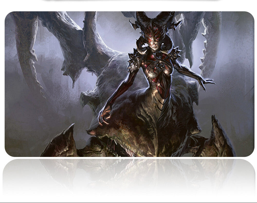 Mouse pad with fantasy-themed design of a dragon and warrior, featuring a pen holder on top.