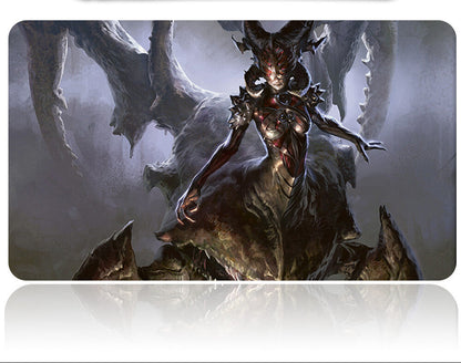 Mouse pad with fantasy-themed design of a dragon and warrior, featuring a pen holder on top.