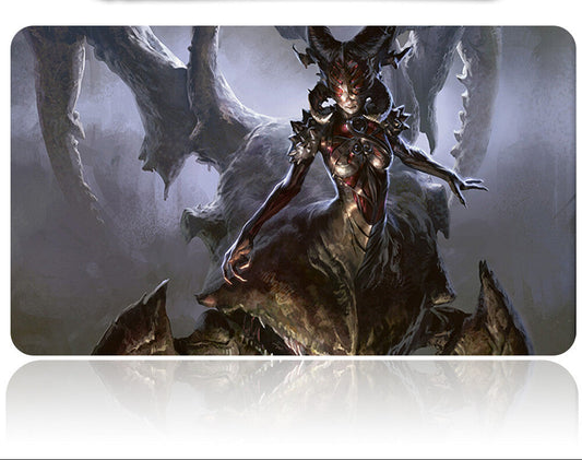 Mouse pad with fantasy-themed design of a dragon and warrior, featuring a pen holder on top.