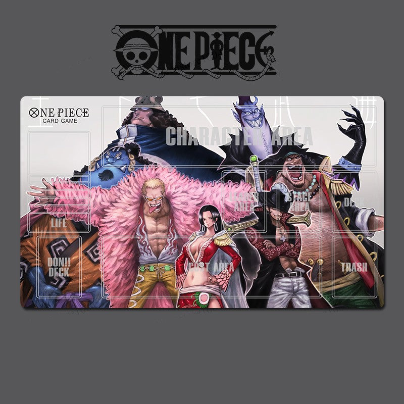 Card game playmat featuring characters from the One Piece anime on a dark background