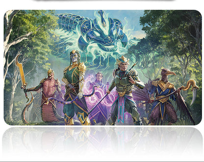 Fantasy scene with characters and a dragon in a forest setting, featuring a pen on top.