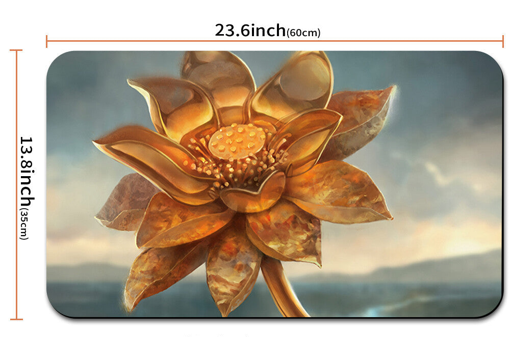 Gold lotus flower design with measurements on a black background