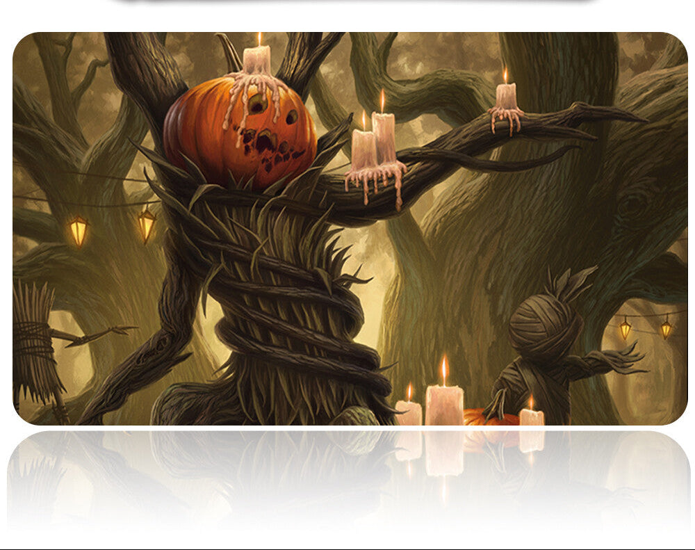 Halloween-themed design with a carved pumpkin and candles on a reflective surface.
