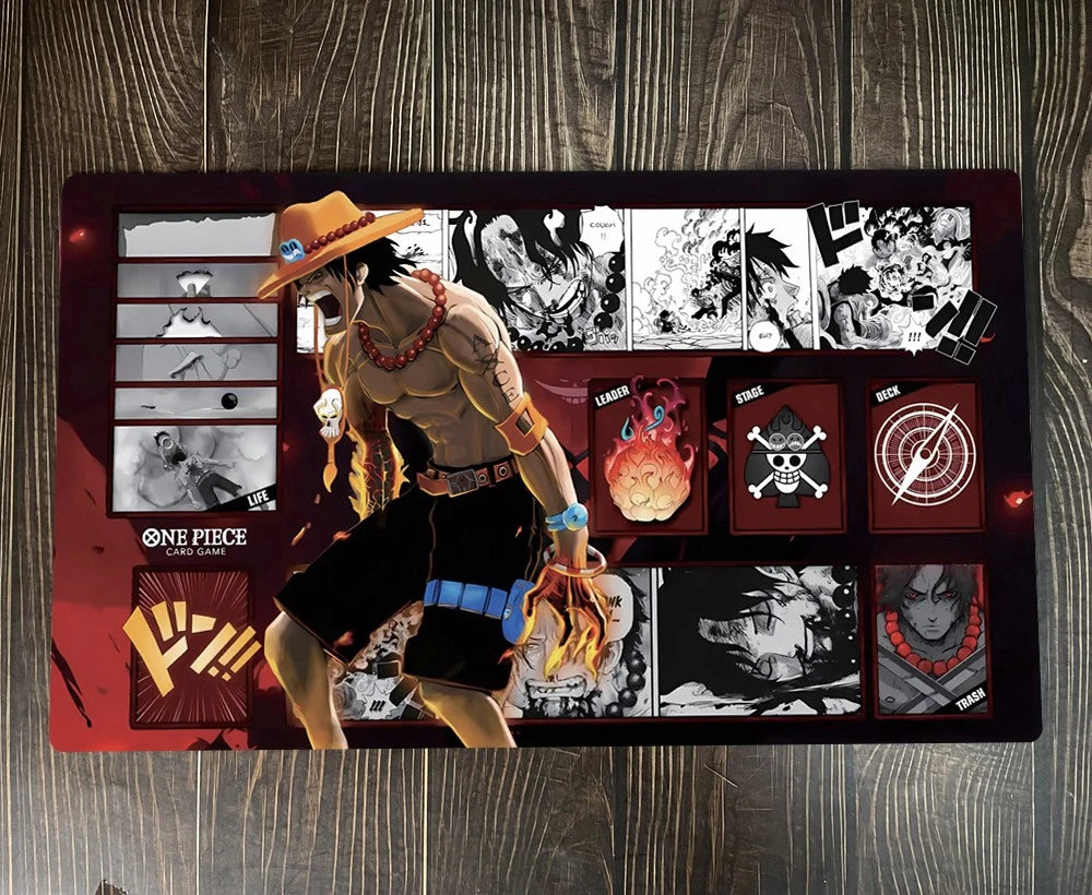 Laptop skin with character design and 'One Piece' branding on a wooden surface