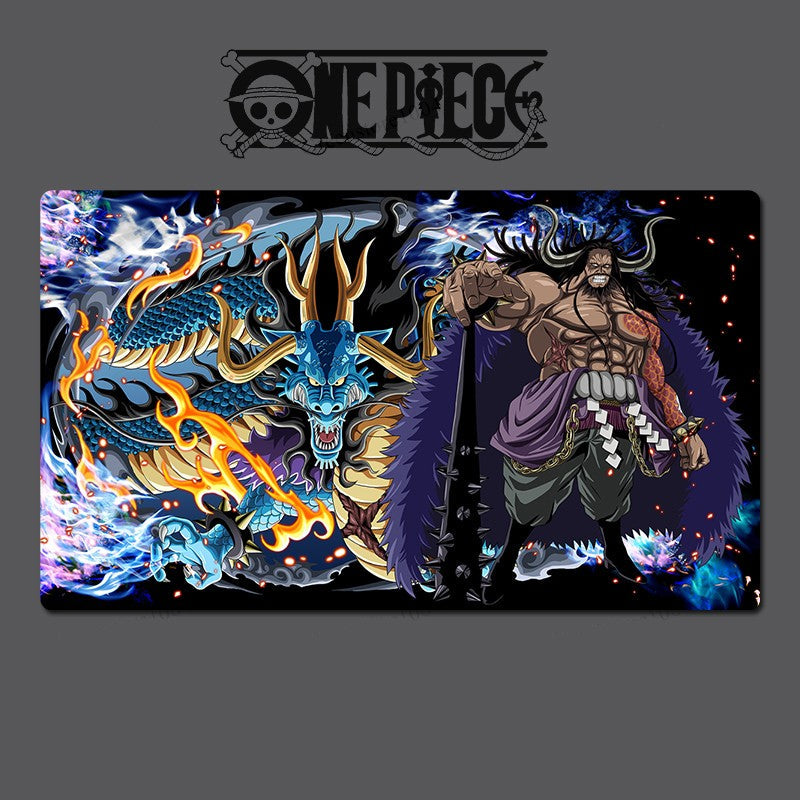 One Piece-themed mouse pad with character and dragon design on a dark background