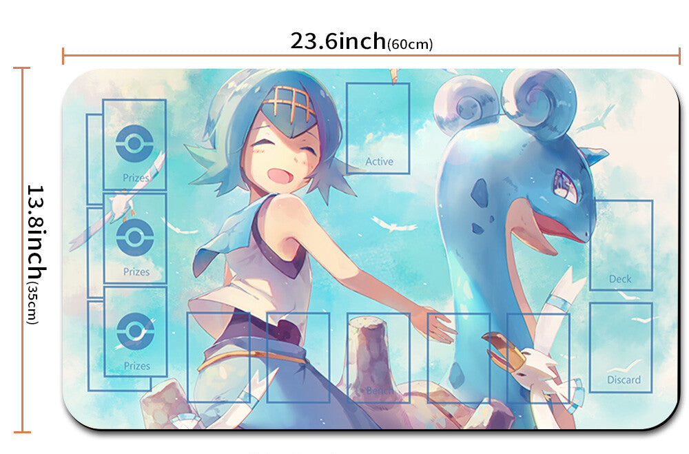 Card game mat with anime-style character and creature, showing dimensions and a drawstring.