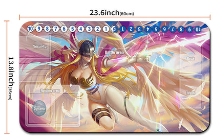 Card game playmat with character design, measurements, and carrying strap.