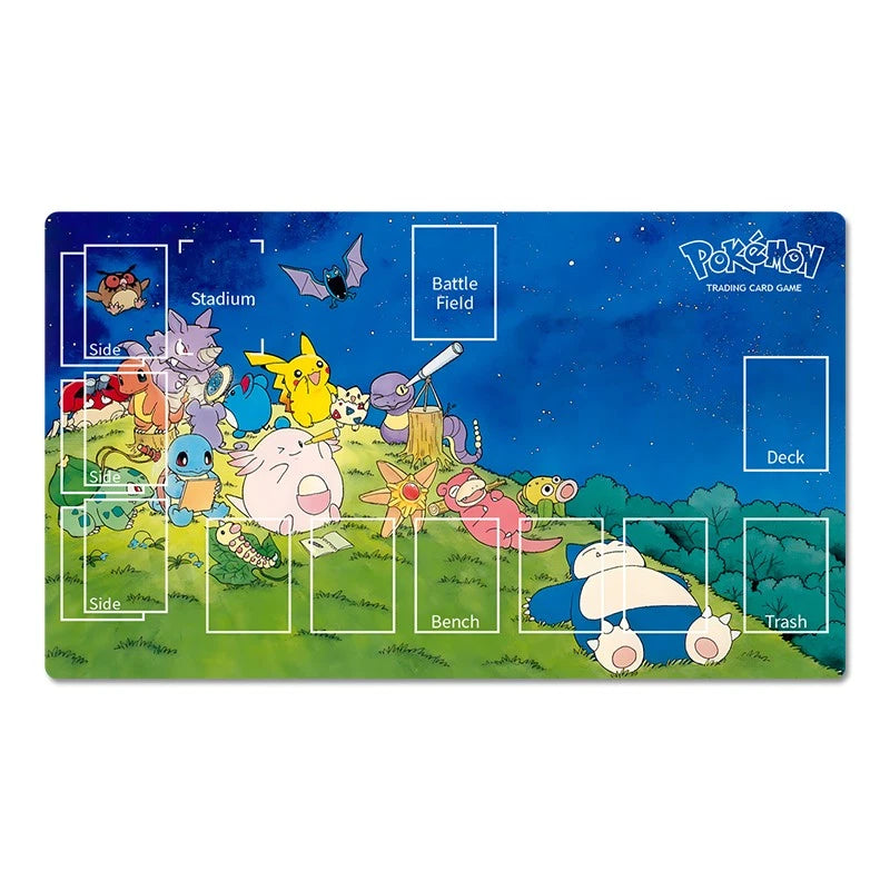 Pokémon trading card game playmat featuring a colorful night scene with various Pokémon characters on a grassy hill under a starry blue sky. The playmat includes labeled sections for Stadium, Battle Field, Deck, Bench, Trash, and Side, with the Pokémon Trading Card Game logo in the top right corner.