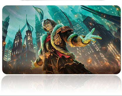 Futuristic cityscape with a character in a fantasy outfit, featuring a stylized design.