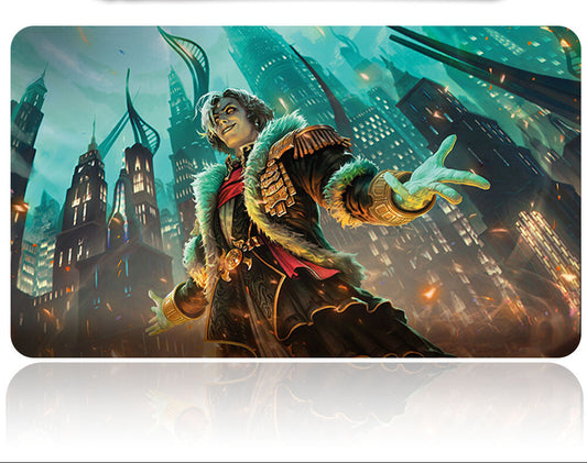 Futuristic cityscape with a character in a fantasy outfit, featuring a stylized design.