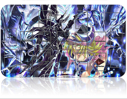 Card game mat with character illustrations and card slots on a reflective surface
