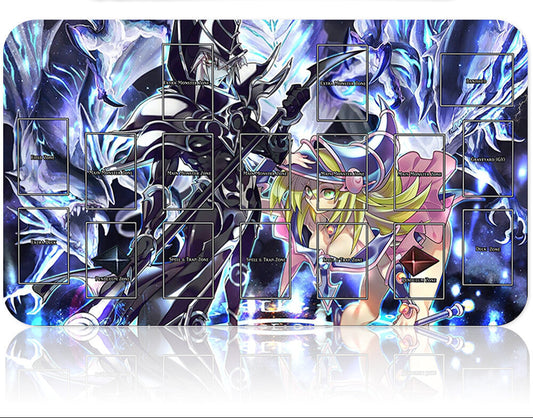 Card game mat with character illustrations and card slots on a reflective surface