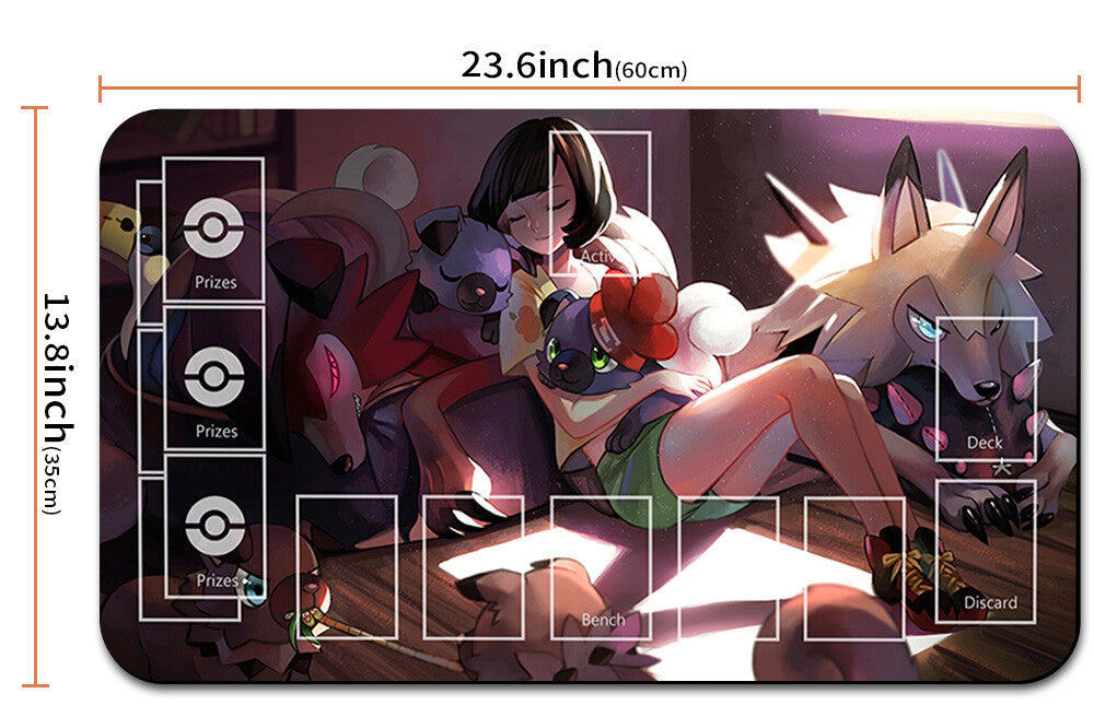 Large playmat with anime-style design and measurements, featuring a character with fox-like creature and Pokémon elements.