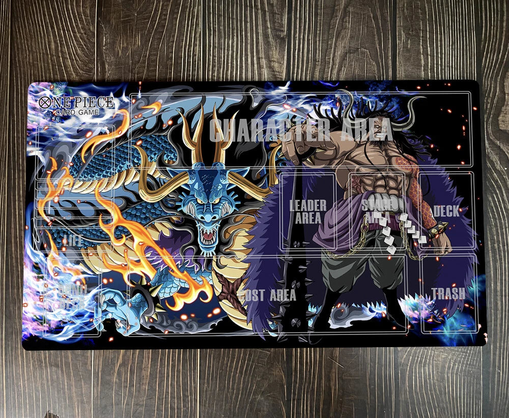 Card game mat with character design on a wooden surface