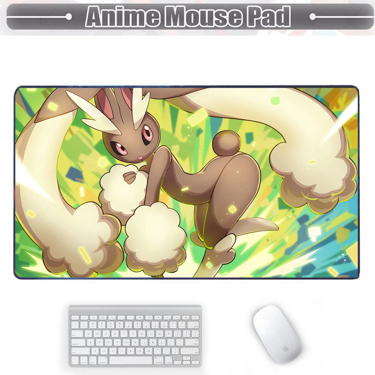 An anime mouse pad featuring a brown rabbit-like character with cream-colored ears and fluffy cream tails on a bright green and yellow background. The pad is displayed on a white background with a gray keyboard and mouse below it, and a banner at the top reads 'Anime Mouse Pad'.