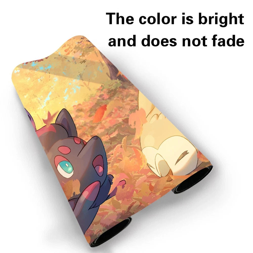 A rolled-up fabric item, likely a blanket or mat, featuring an anime-style illustration of two characters in an autumn landscape. The image includes a text overlay stating 'The color is bright and does not fade' on a plain white background.
