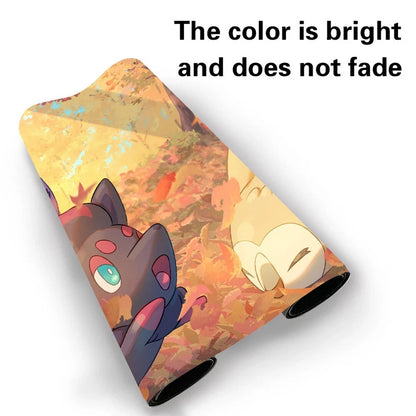 A rolled-up fabric item, likely a blanket or mat, featuring an anime-style illustration of two characters in an autumn landscape. The image includes a text overlay stating 'The color is bright and does not fade' on a plain white background.