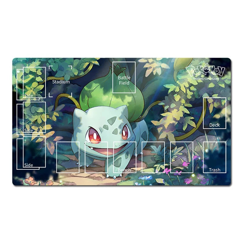A rectangular Pokémon-themed gaming mat featuring Bulbasaur in a forest scene with labeled play zones including Stadium, Battle Field, Deck, Trash, Side, and Hub. The Pokémon logo is visible in the top right.