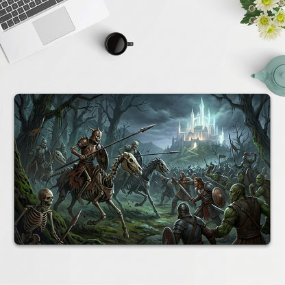 A rectangular desk mat featuring a detailed fantasy illustration of skeletal knights in battle with a glowing castle in the background, displayed on a white desk next to a laptop, coffee cup, and flowers.