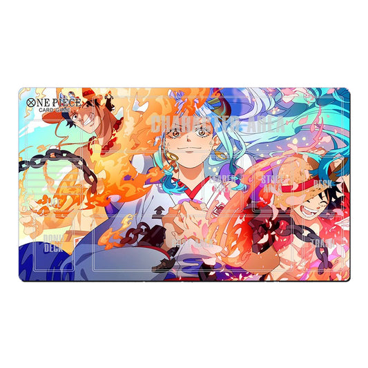 Playmat with anime characters from 'One Piece' on a colorful background