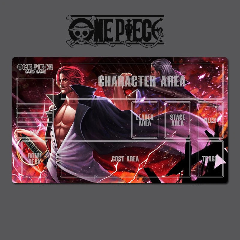 A One Piece trading card game playmat featuring artwork of the character Roronoa Zoro, with sections labeled for cards, leader area, stage area, and trash, shown on a dark gray background.