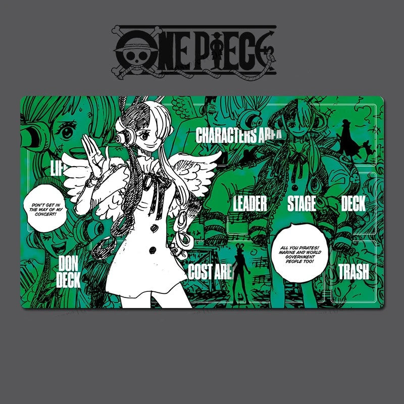 Card with anime character and game text on a green background, featuring the One Piece logo.