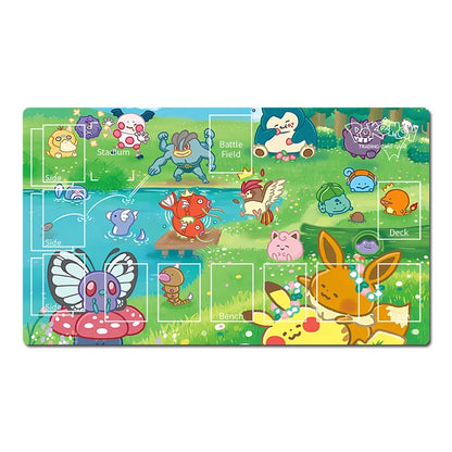 A colorful Pokémon-themed game board or playmat shown on a plain white background. The board features illustrated Pokémon characters, labeled sections for Stadium, Battle Field, Deck, and Battle, and a green grassy landscape with ponds and trees.