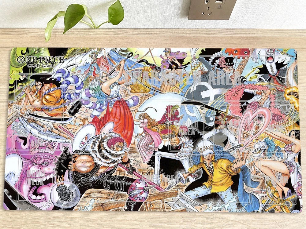 Colorful collage of animated characters on a wooden surface with a plant in the corner.