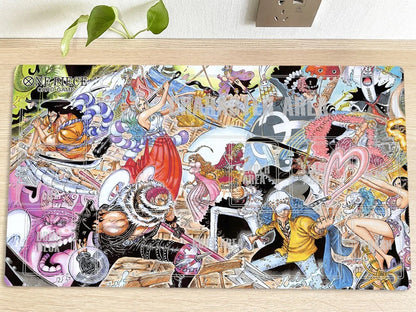 Colorful collage of animated characters on a wooden surface with a plant in the corner.