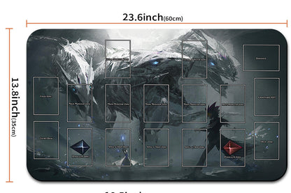 Dragon-themed mouse pad with measurements and a carrying bag.