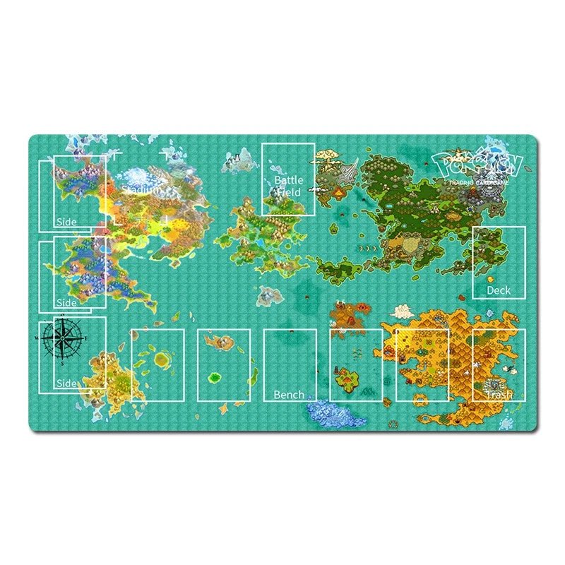 A rectangular gaming playmat with a teal map design featuring fantasy regions, labeled zones, and a compass rose, shown on a plain white background.