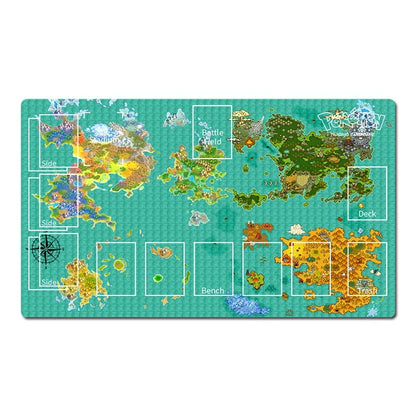 A rectangular gaming playmat with a teal map design featuring fantasy regions, labeled zones, and a compass rose, shown on a plain white background.