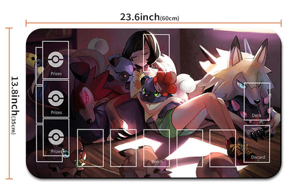 Large playmat with anime-style design and measurements, featuring a character with fox-like creature and Pokémon elements.