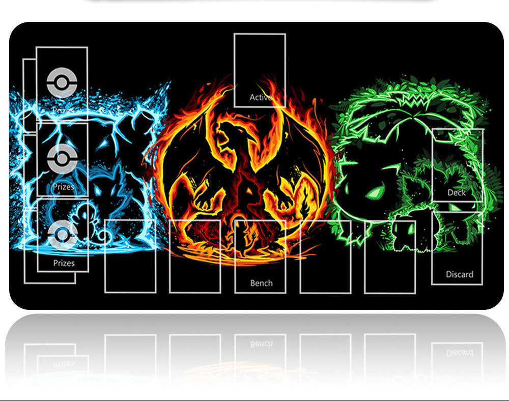 Pokémon themed card game mat with three elemental symbols and a metal card holder.